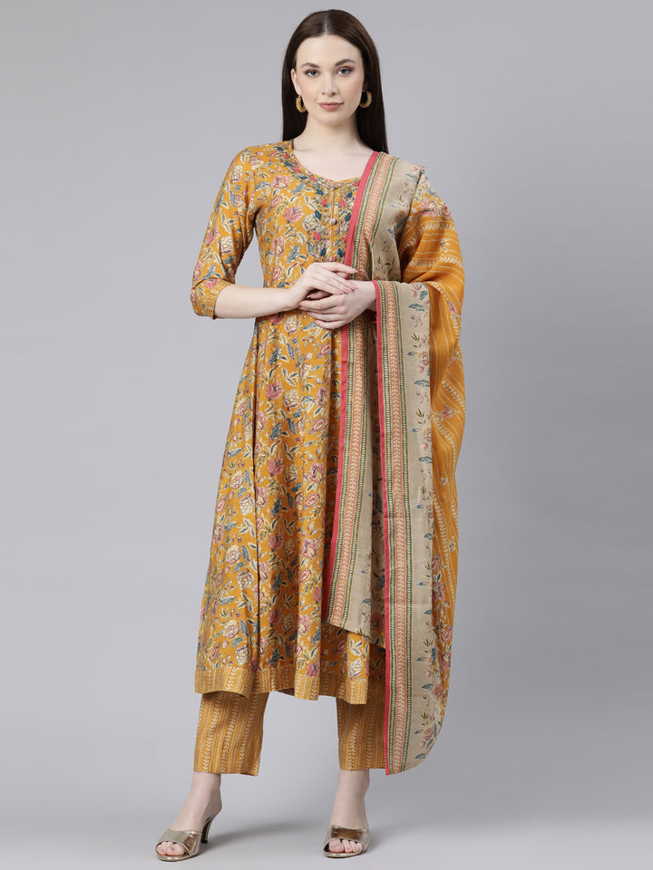 Neerus Yellow printed kurta set with trouser and dupatta - front view