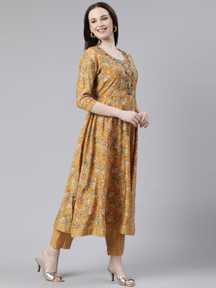 Neerus Yellow printed kurta set with trouser and dupatta - back view