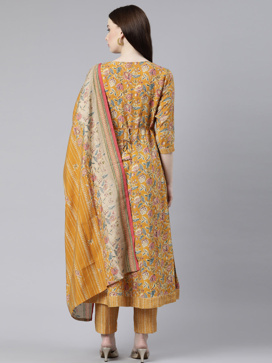 Neerus Yellow printed kurta set with trouser and dupatta - side view