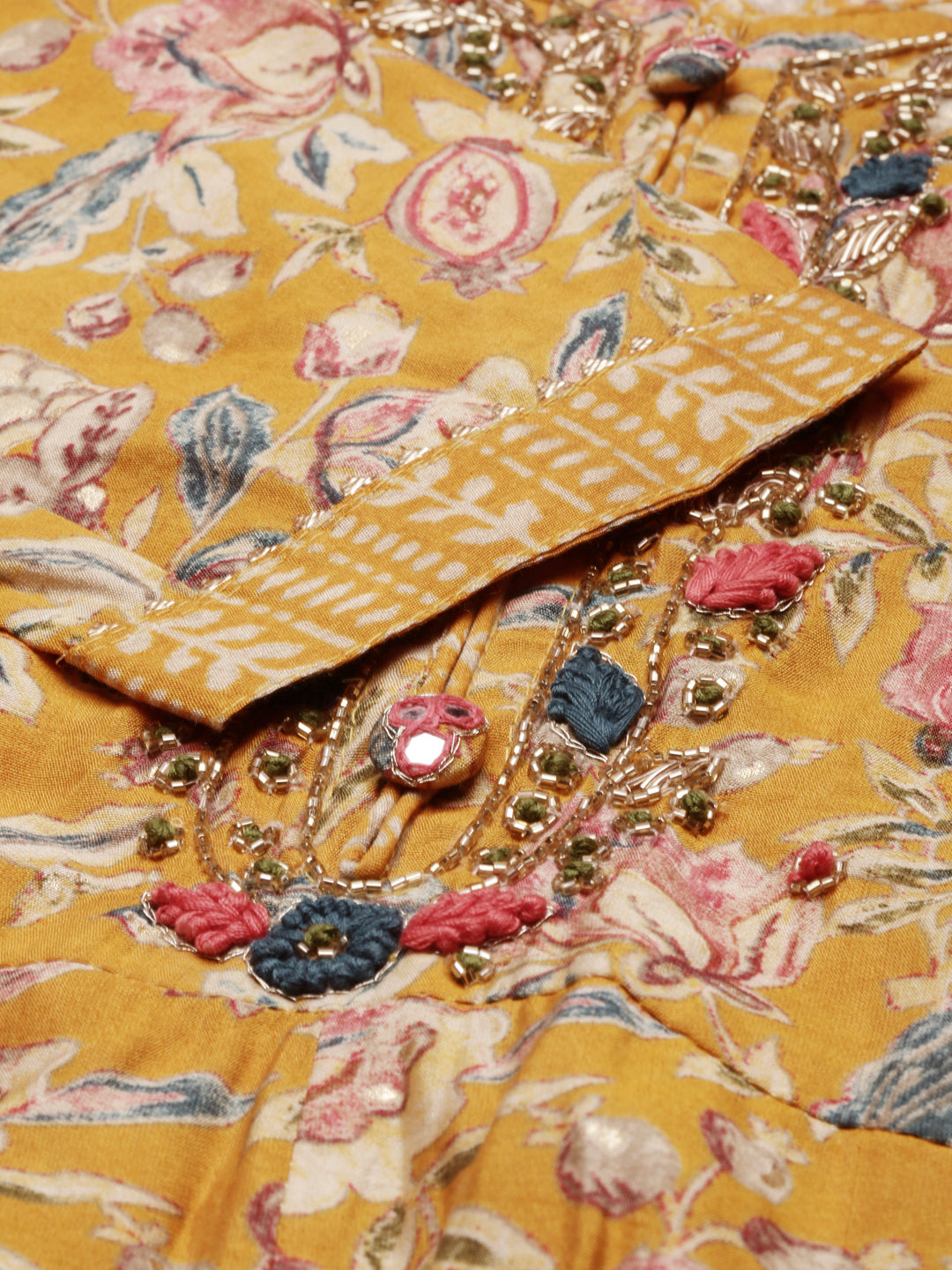 Neerus Yellow printed kurta set with trouser and dupatta - detail view 2