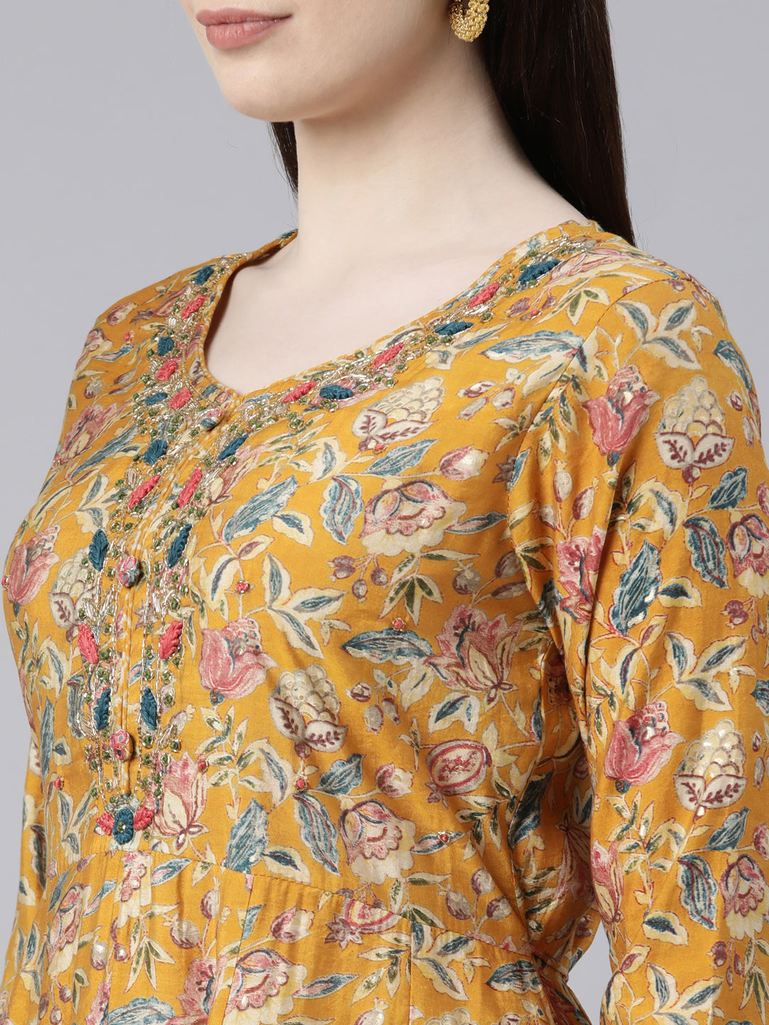 Neerus Yellow printed kurta set with trouser and dupatta - detail view 1