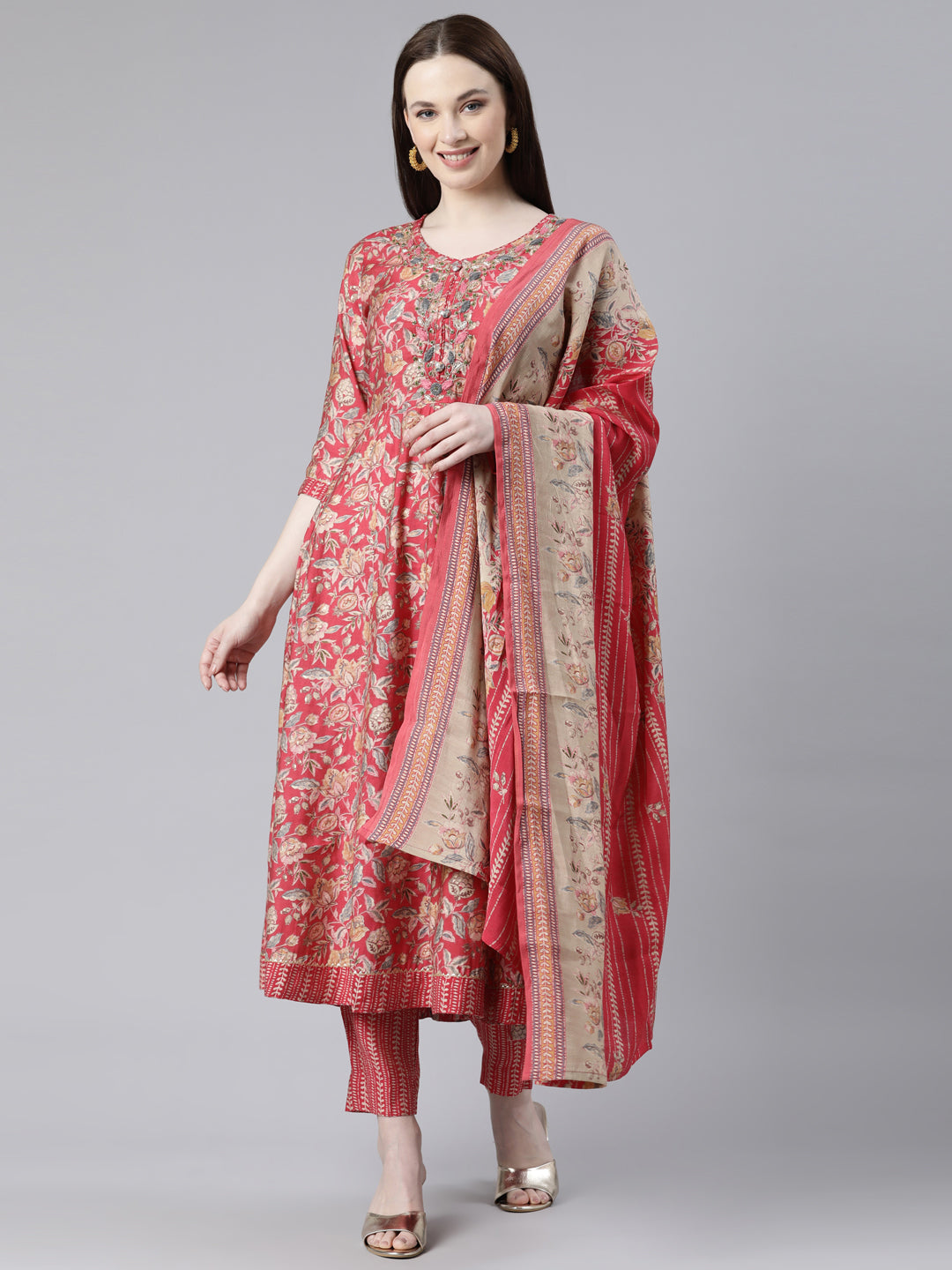 Neerus Red printed kurta set with trouser and dupatta - front view