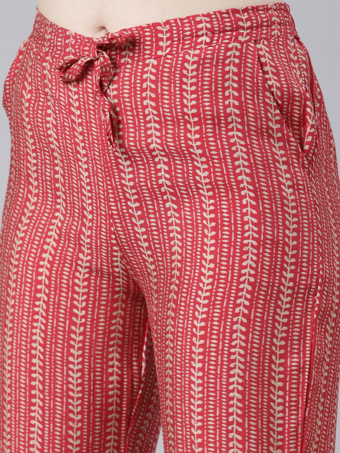 Neerus Red printed kurta set with trouser and dupatta - detail view 3
