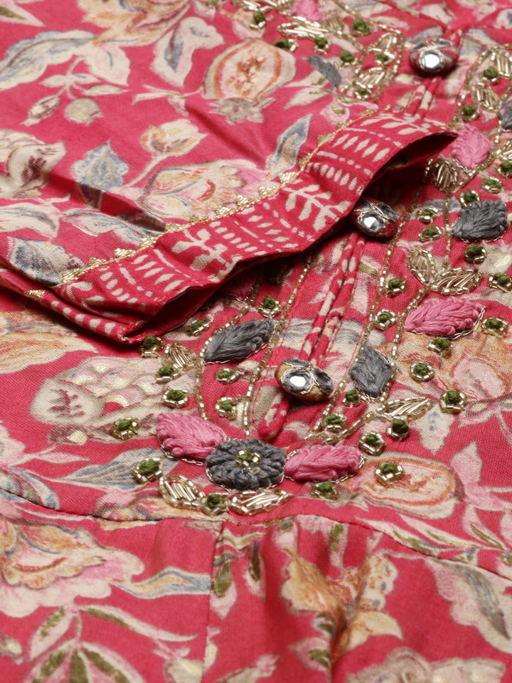 Neerus Red printed kurta set with trouser and dupatta - detail view 2