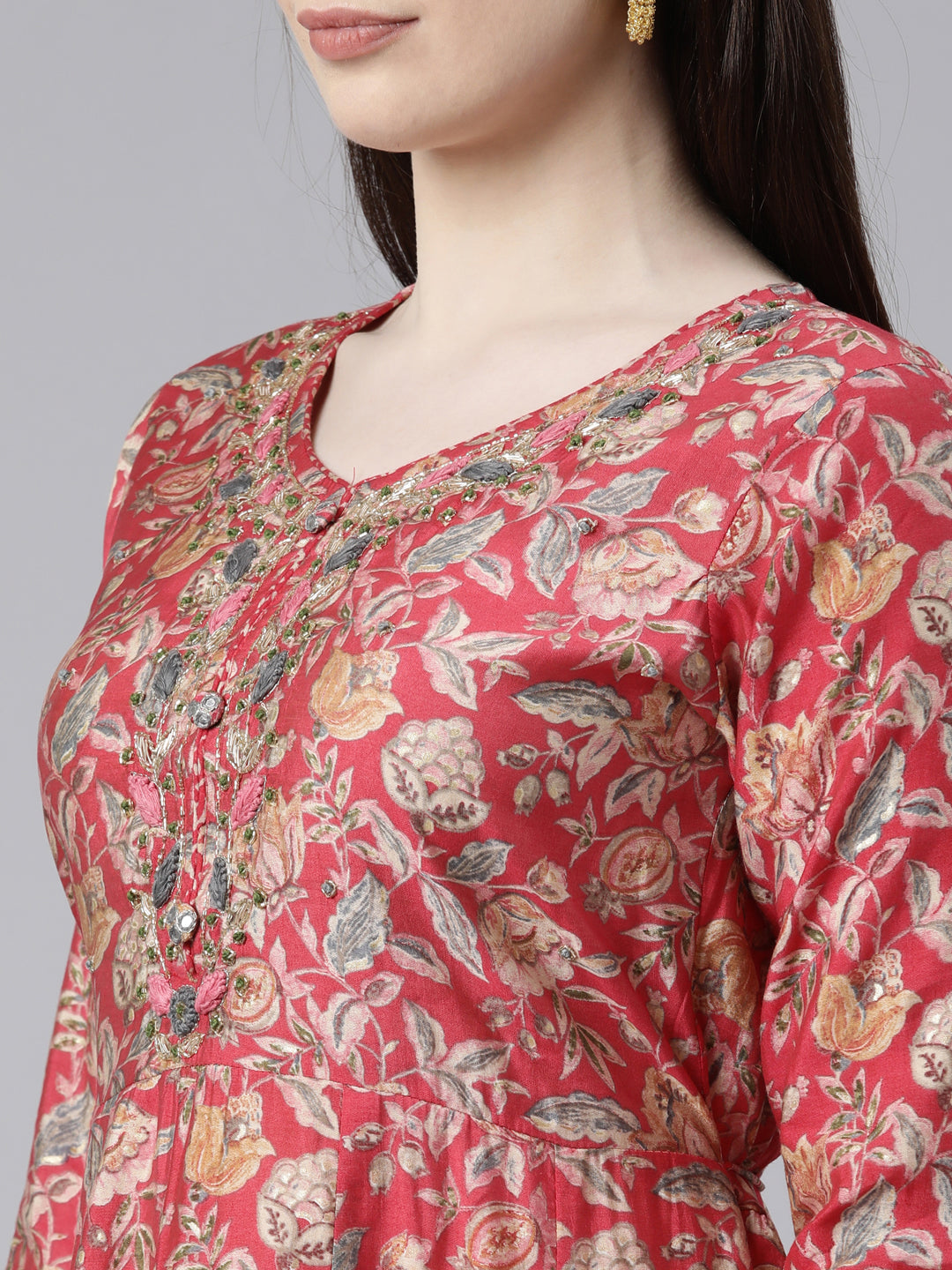 Neerus Red printed kurta set with trouser and dupatta - detail view 1