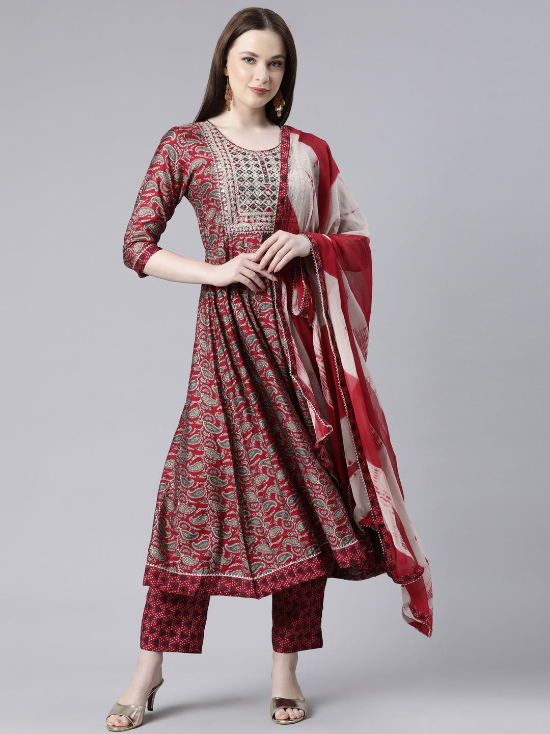 Neerus Magenta Regular Knee Length Printed Kurta Printed Trousers With Dupatta