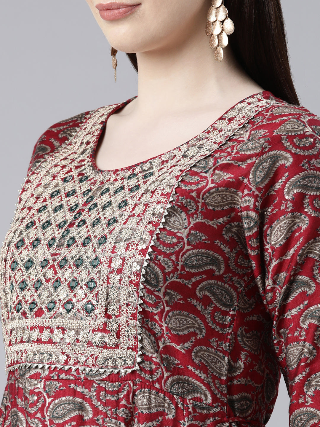 Neerus Magenta Regular Knee Length Printed Kurta Printed Trousers With Dupatta