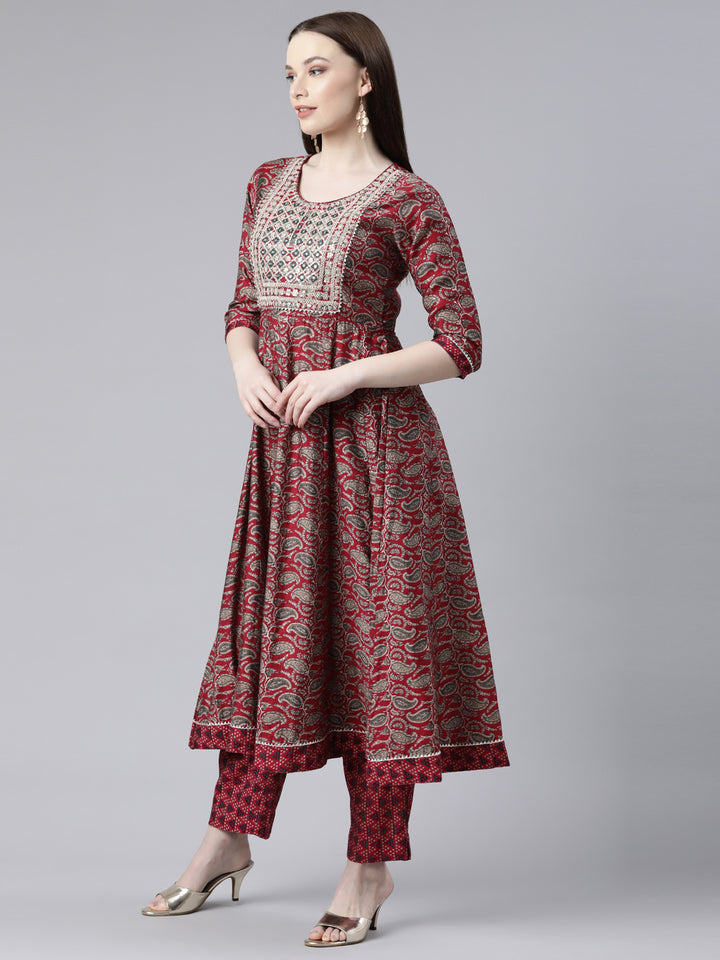 Neerus Magenta Regular Knee Length Printed Kurta Printed Trousers With Dupatta