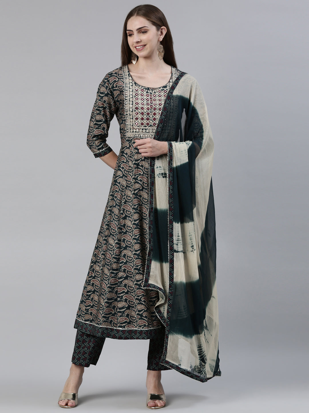 Neerus Green Regular Knee Length Printed Kurta Printed Trousers With Dupatta