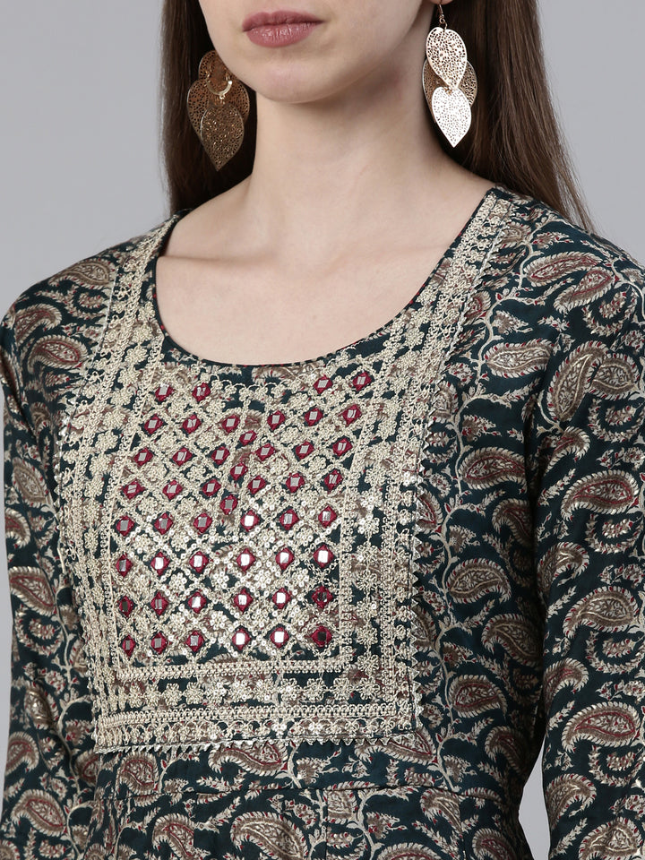 Neerus Green Regular Knee Length Printed Kurta Printed Trousers With Dupatta