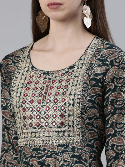 Neerus Green Regular Knee Length Printed Kurta Printed Trousers With Dupatta
