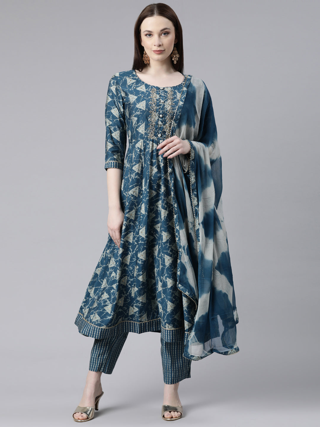 Neerus Blue Regular Calf Length Printed Kurta Printed Trousers With Dupatta