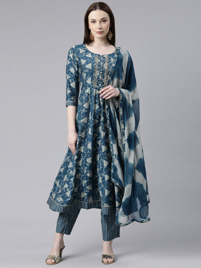 Neerus Blue Regular Calf Length Printed Kurta Printed Trousers With Dupatta