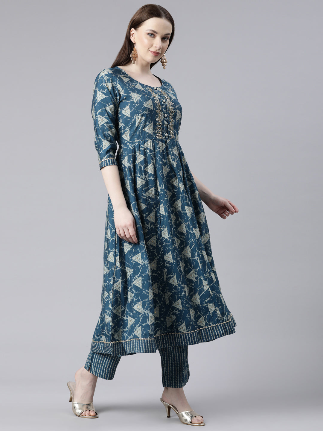 Neerus Blue Regular Calf Length Printed Kurta Printed Trousers With Dupatta