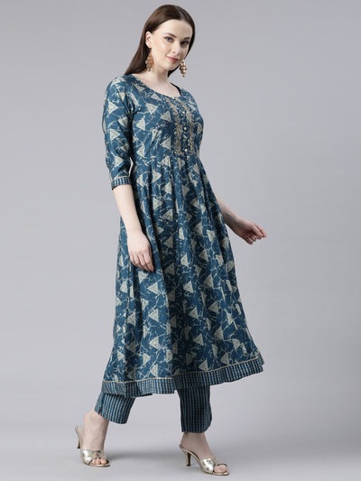 Neerus Blue Regular Calf Length Printed Kurta Printed Trousers With Dupatta