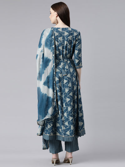 Neerus Blue Regular Calf Length Printed Kurta Printed Trousers With Dupatta