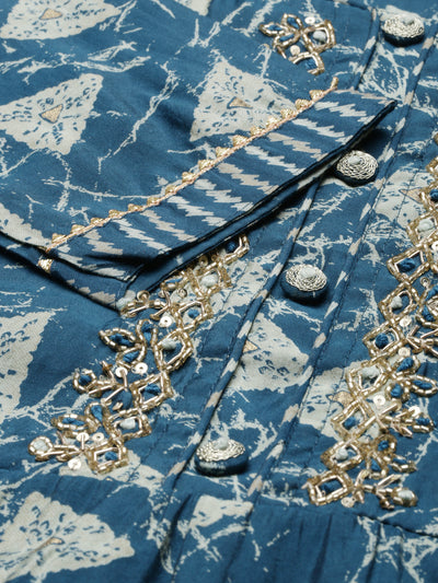 Neerus Blue Regular Calf Length Printed Kurta Printed Trousers With Dupatta