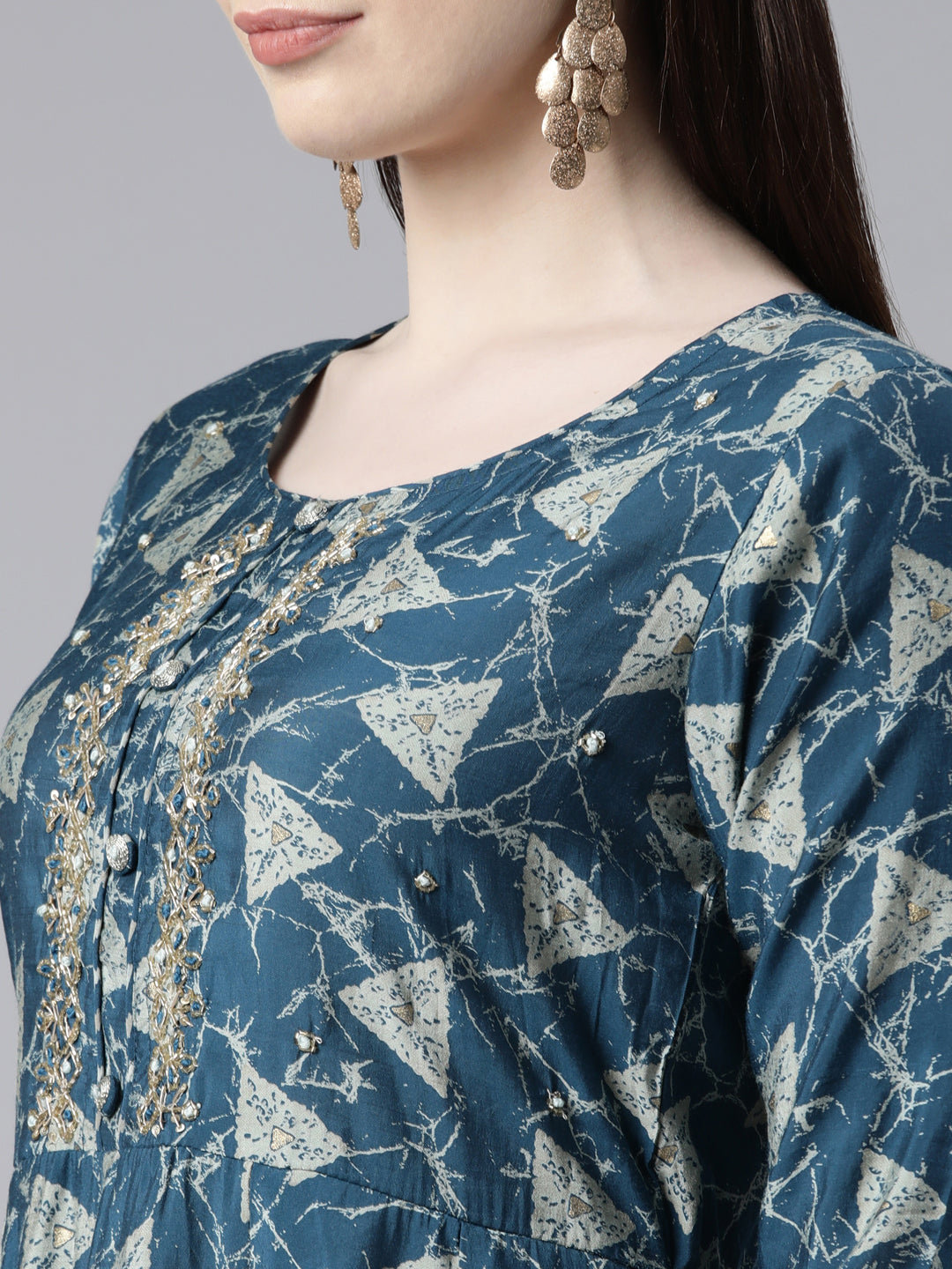 Neerus Blue Regular Calf Length Printed Kurta Printed Trousers With Dupatta