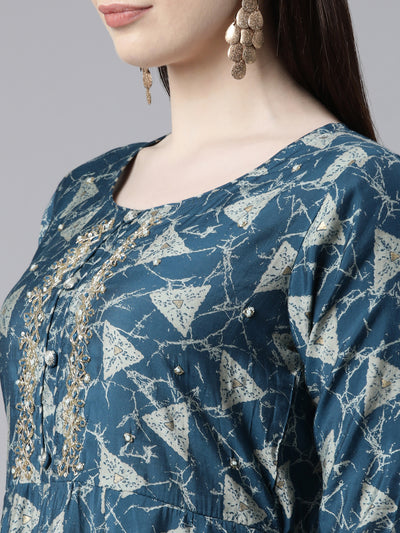 Neerus Blue Regular Calf Length Printed Kurta Printed Trousers With Dupatta