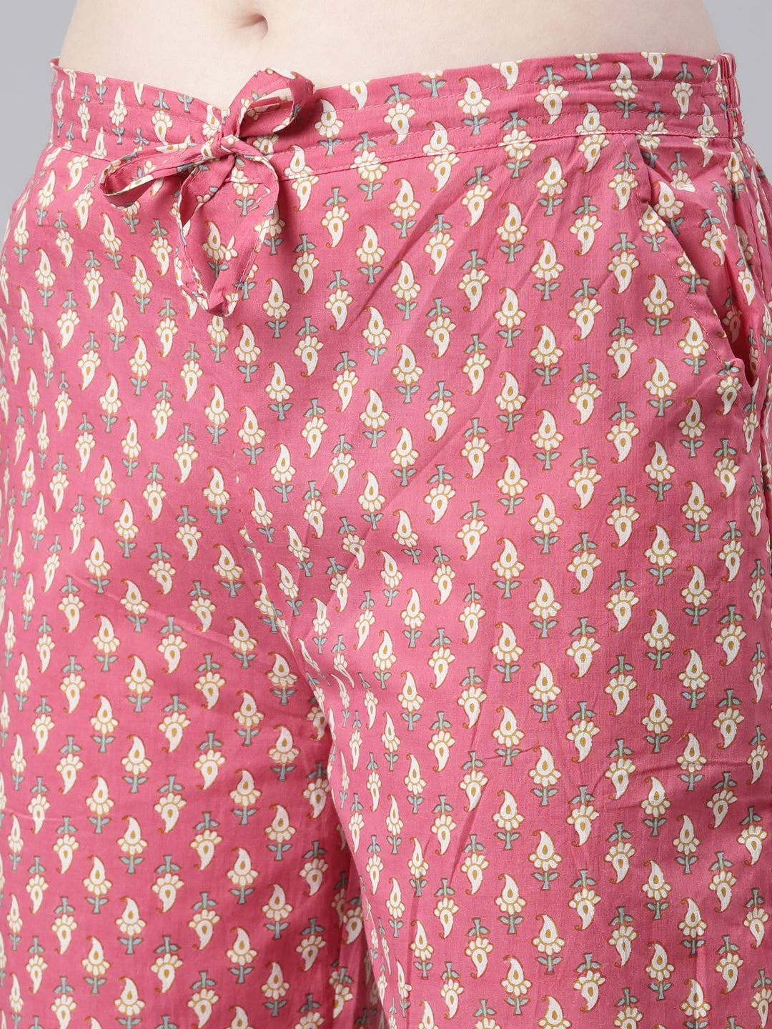Neerus Pink cotton printed kurta set with trouser and dupatta - detail view 3