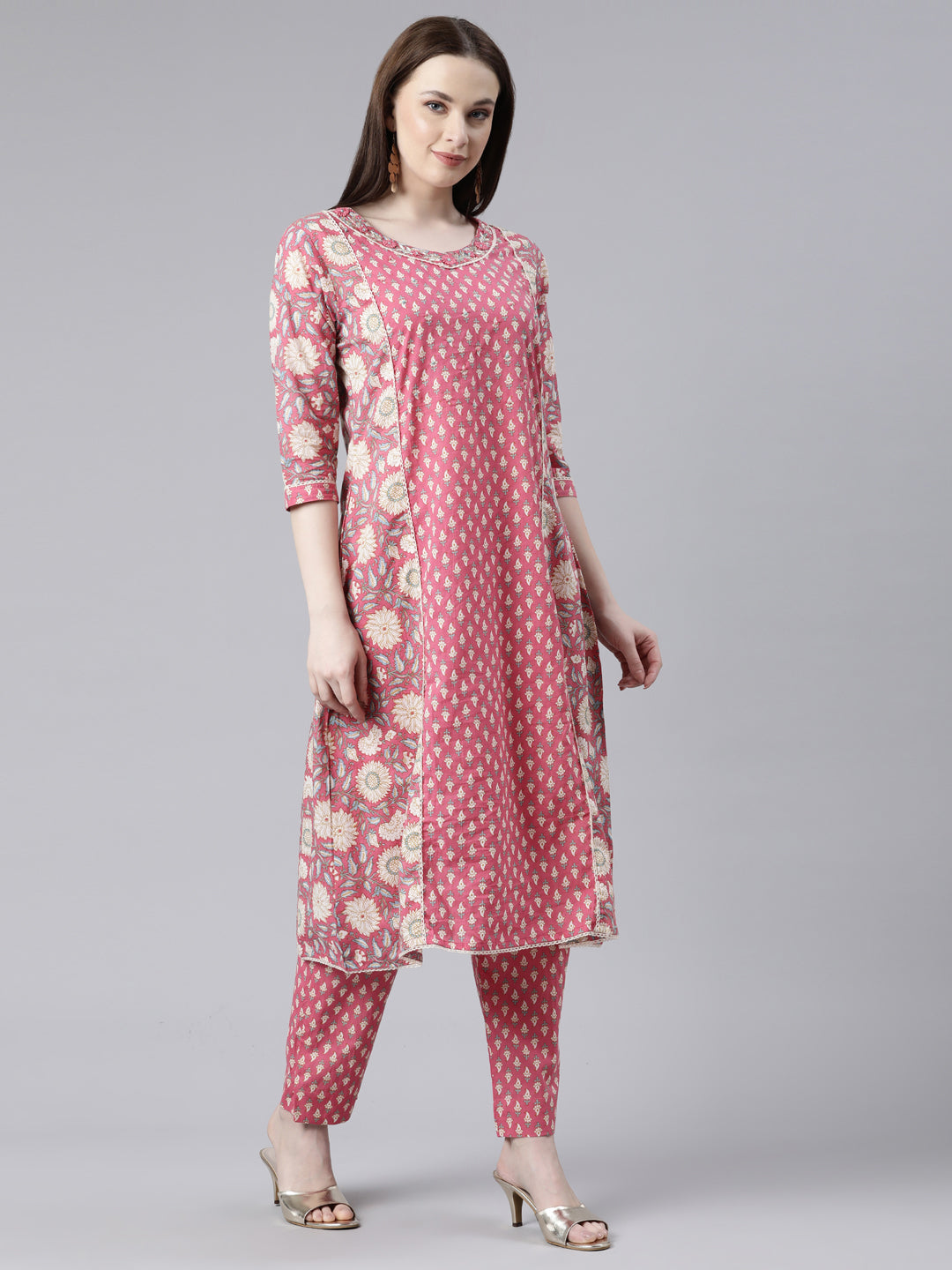 Neerus Pink cotton printed kurta set with trouser and dupatta - back view