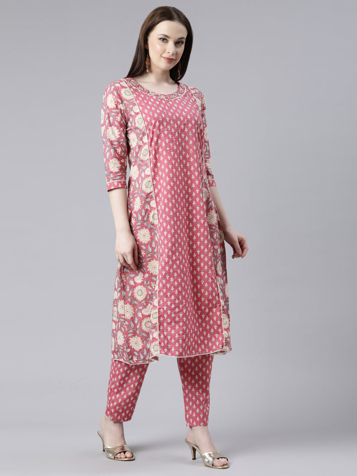 Neerus Pink cotton printed kurta set with trouser and dupatta - back view