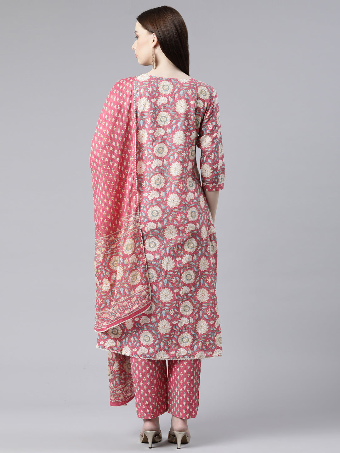 Neerus Pink cotton printed kurta set with trouser and dupatta - side view