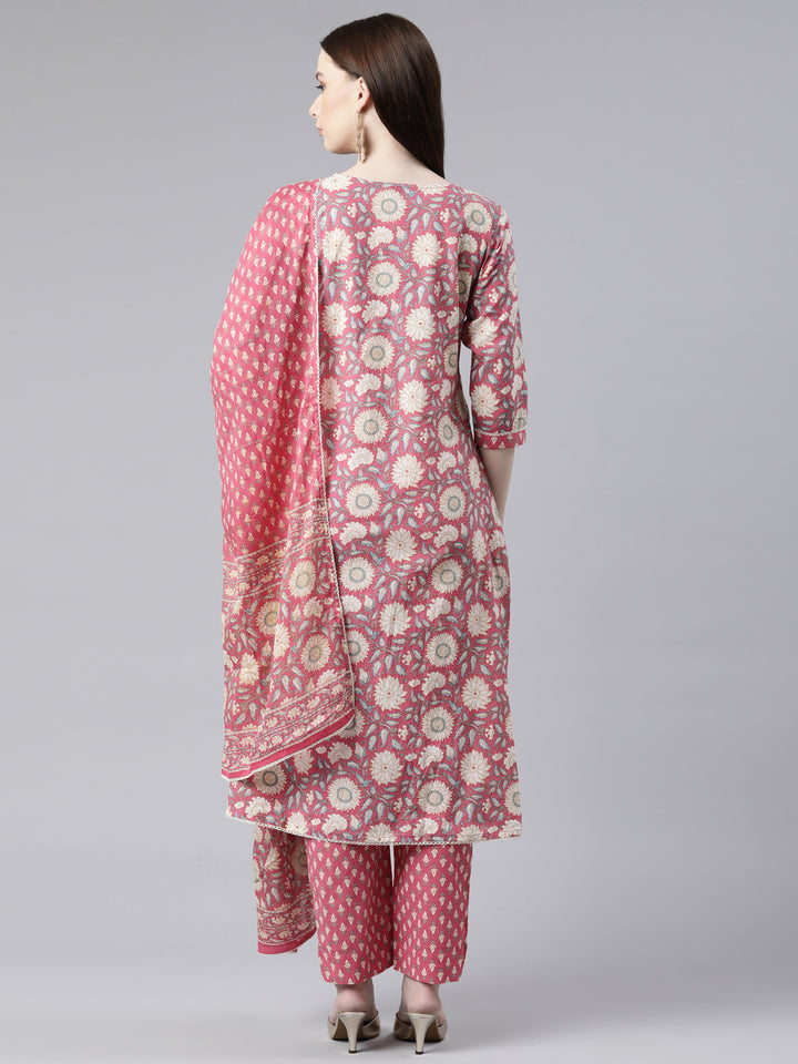 Neerus Pink cotton printed kurta set with trouser and dupatta - side view