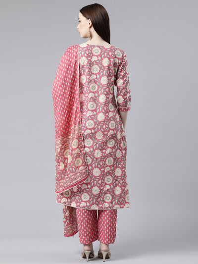 Neerus Pink Regular Knee Length Printed Kurta Printed Trousers With Dupatta