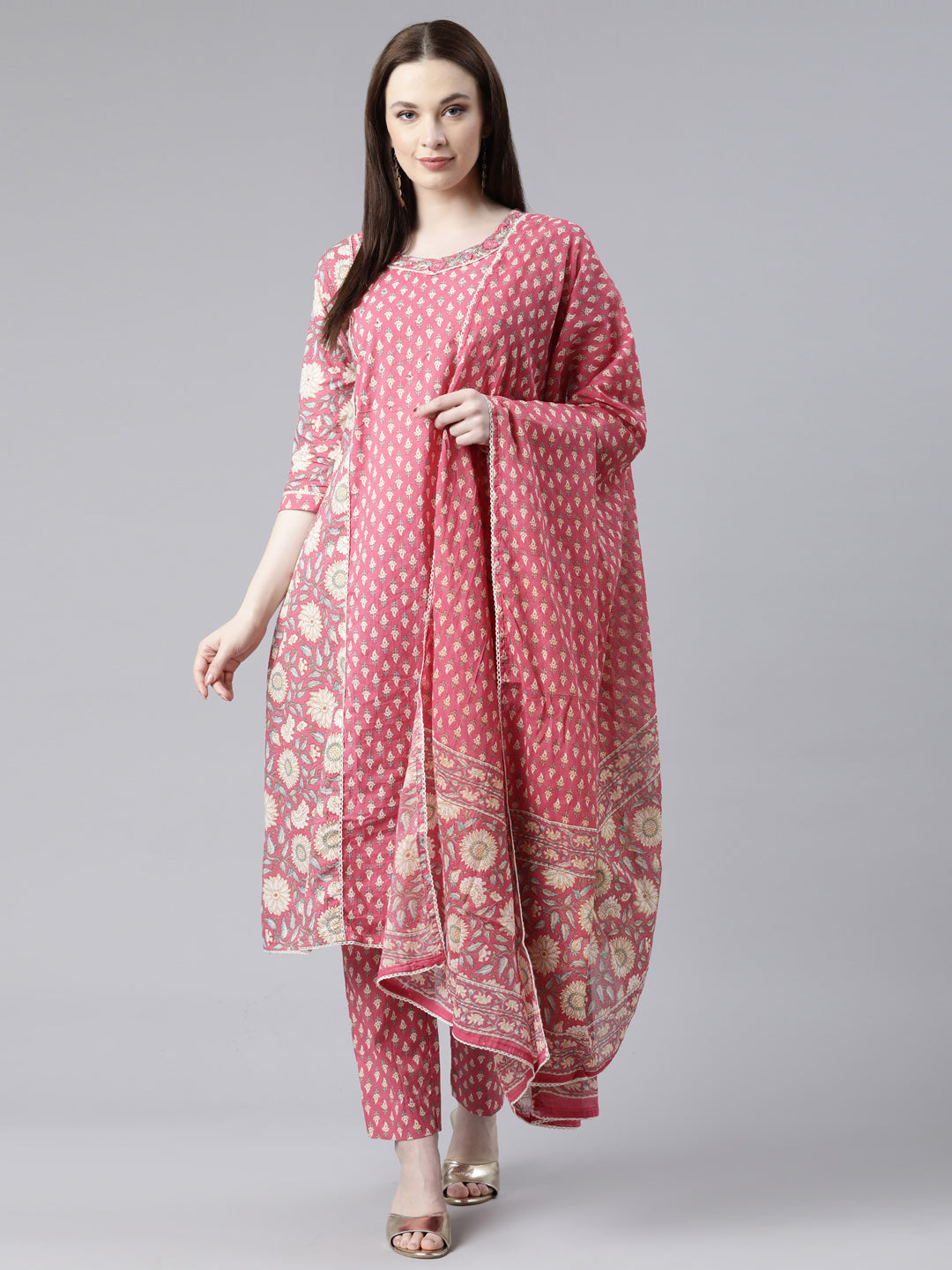 Neerus Pink cotton printed kurta set with trouser and dupatta - front view