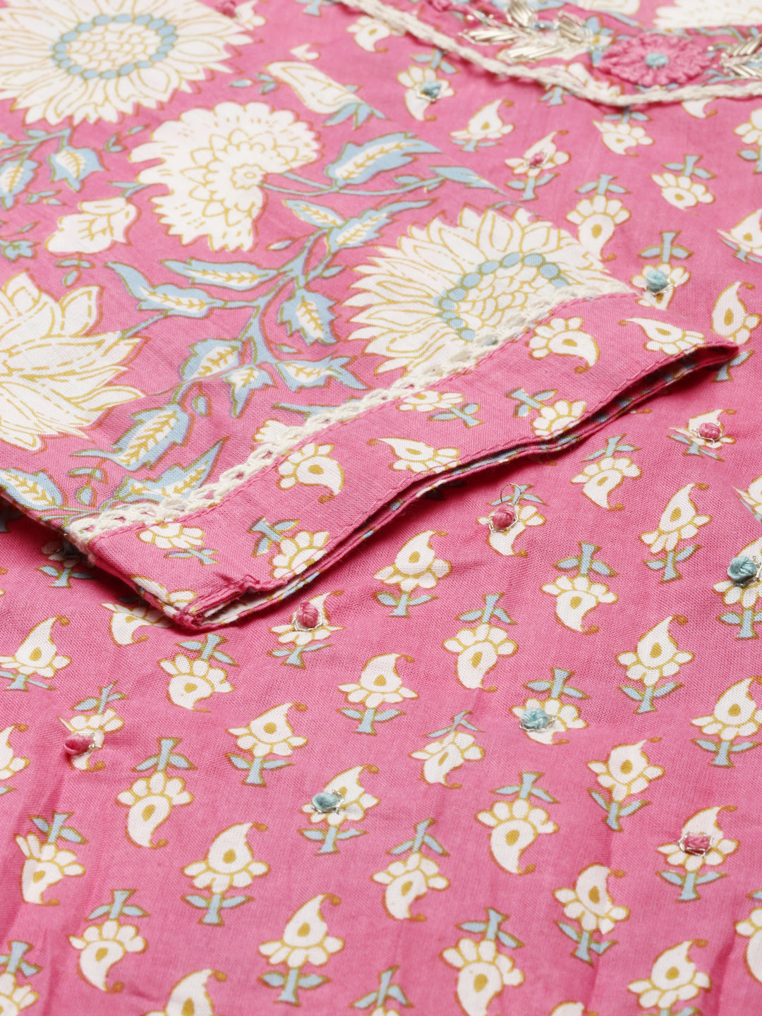 Neerus Pink cotton printed kurta set with trouser and dupatta - detail view 2
