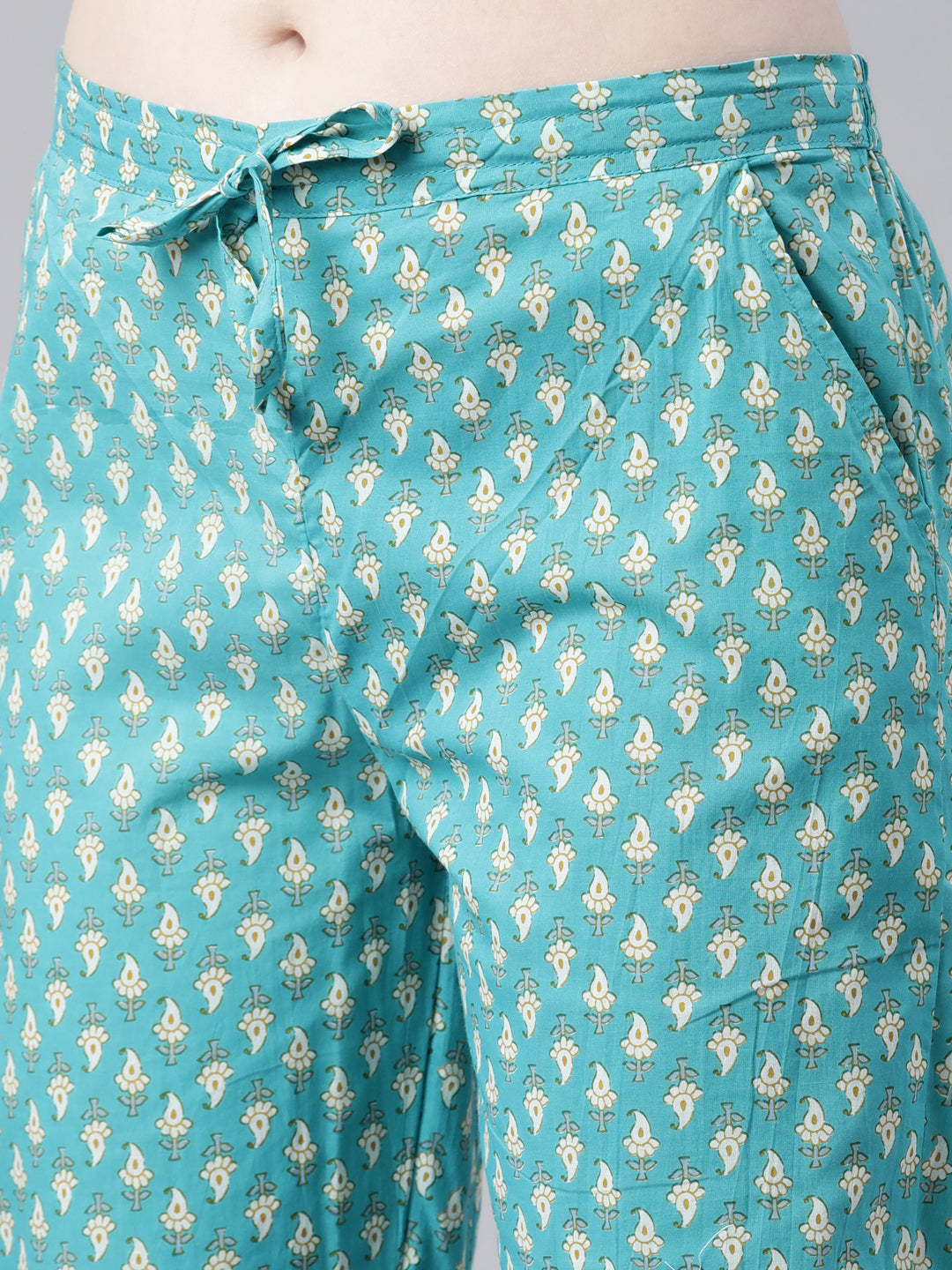 Neerus Green cotton printed kurta set with trouser and dupatta - detail view 3