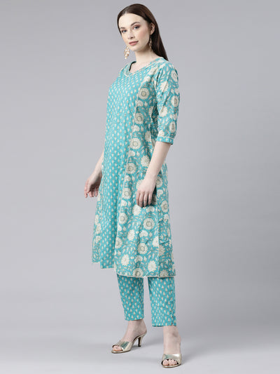 Neerus Green Regular Knee Length Printed Kurta Printed Trousers With Dupatta