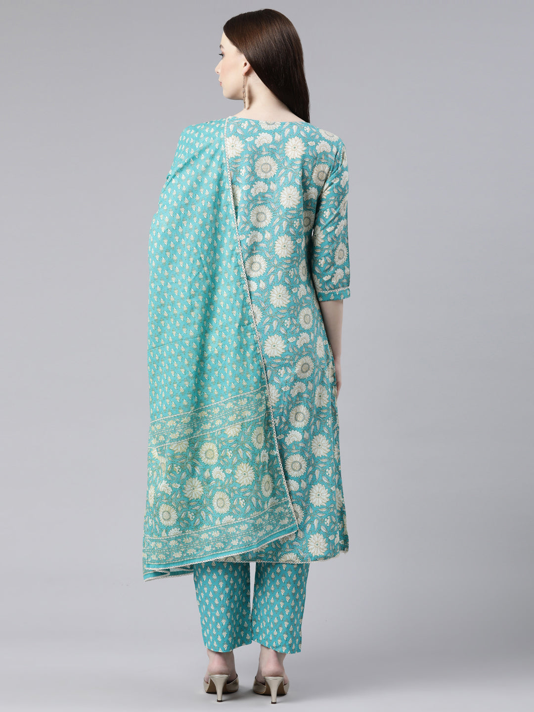 Neerus Green cotton printed kurta set with trouser and dupatta - side view