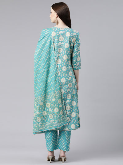Neerus Green Regular Knee Length Printed Kurta Printed Trousers With Dupatta