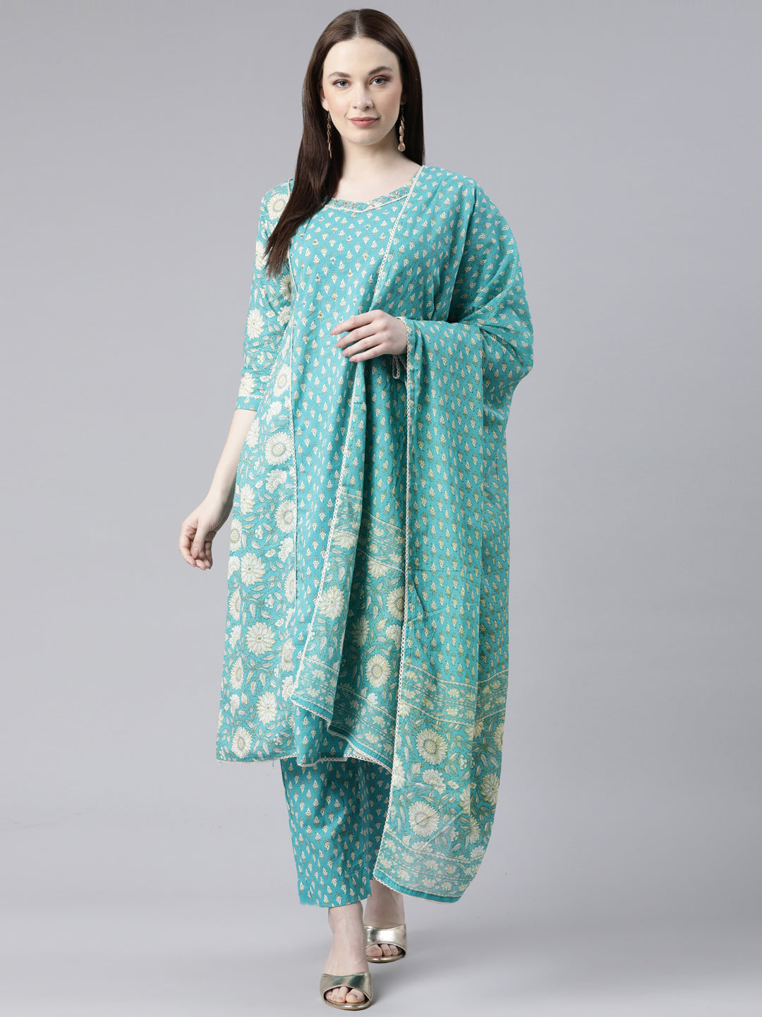Neerus Green Regular Knee Length Printed Kurta Printed Trousers With Dupatta