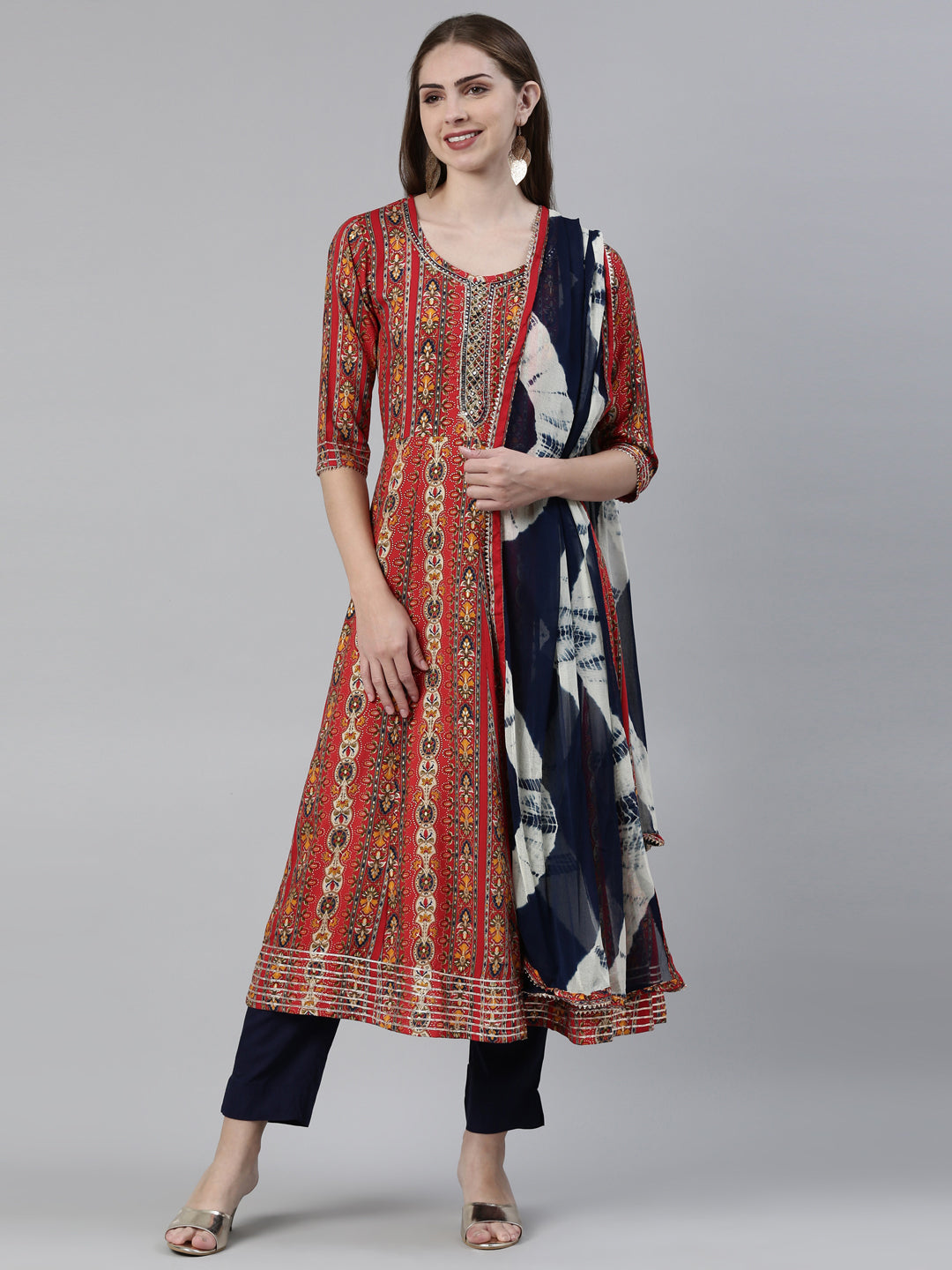Neerus Red Regular Knee Length Printed Kurta Solid Trousers With Dupatta