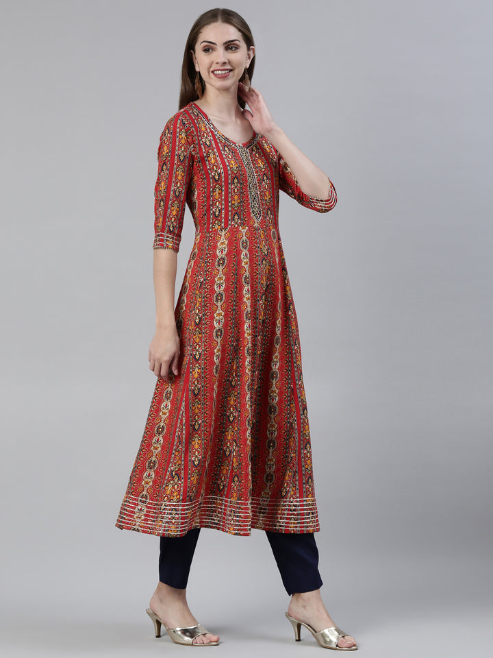 Neerus Red Regular Knee Length Printed Kurta Solid Trousers With Dupatta