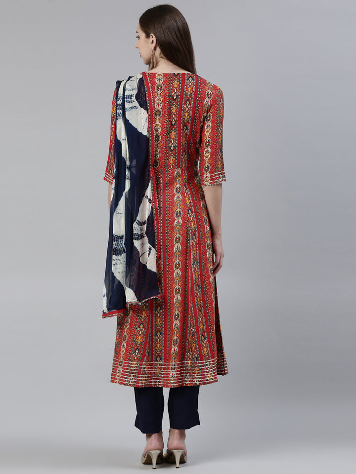 Neerus Red Regular Knee Length Printed Kurta Solid Trousers With Dupatta