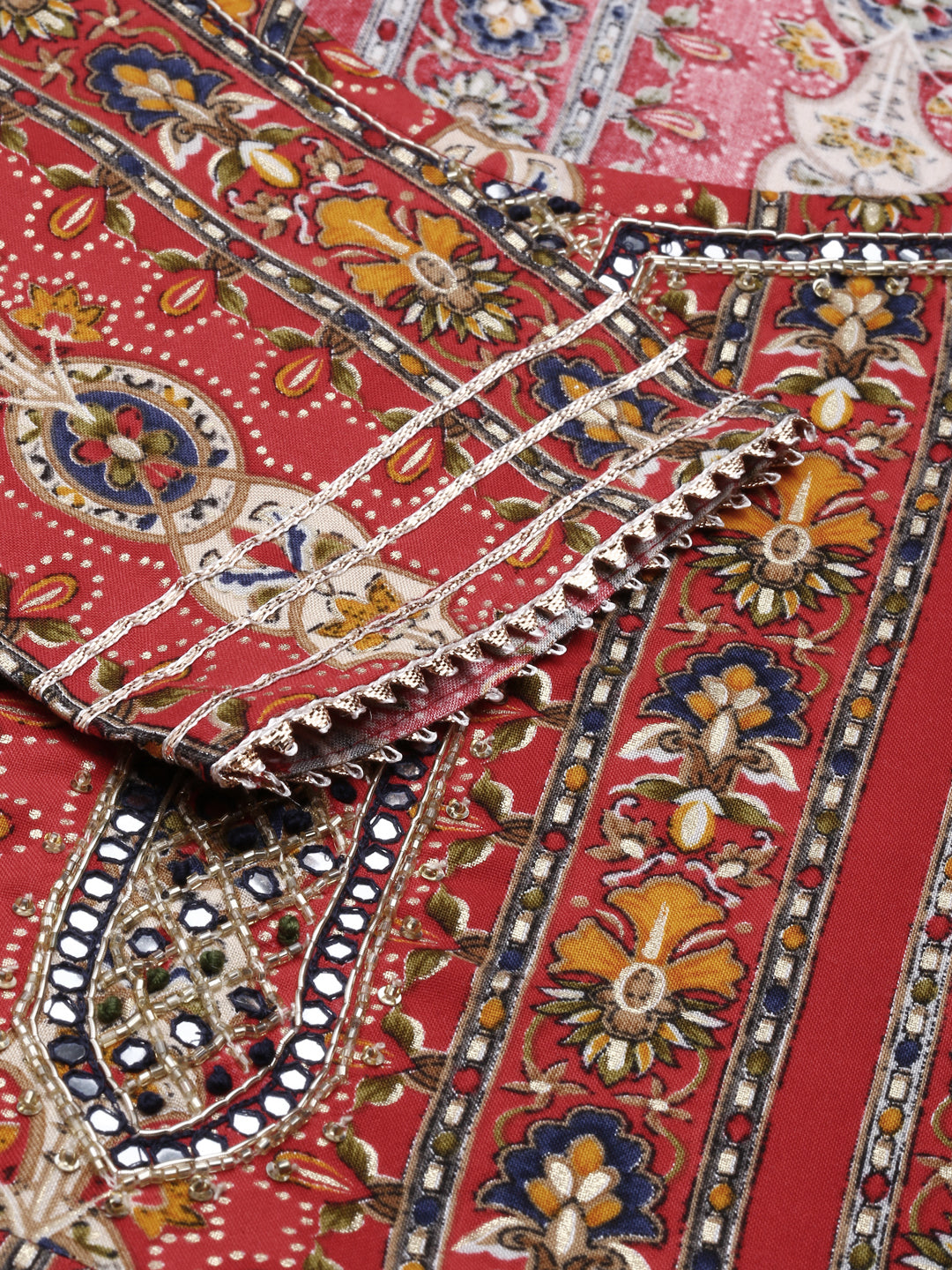 Neerus Red Regular Knee Length Printed Kurta Solid Trousers With Dupatta