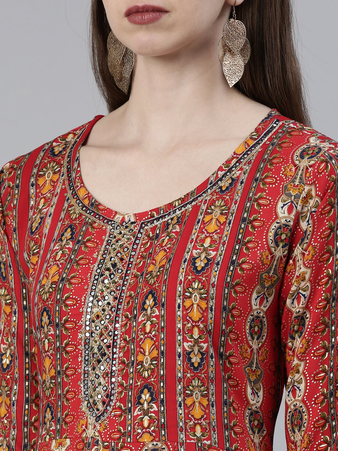 Neerus Red Regular Knee Length Printed Kurta Solid Trousers With Dupatta