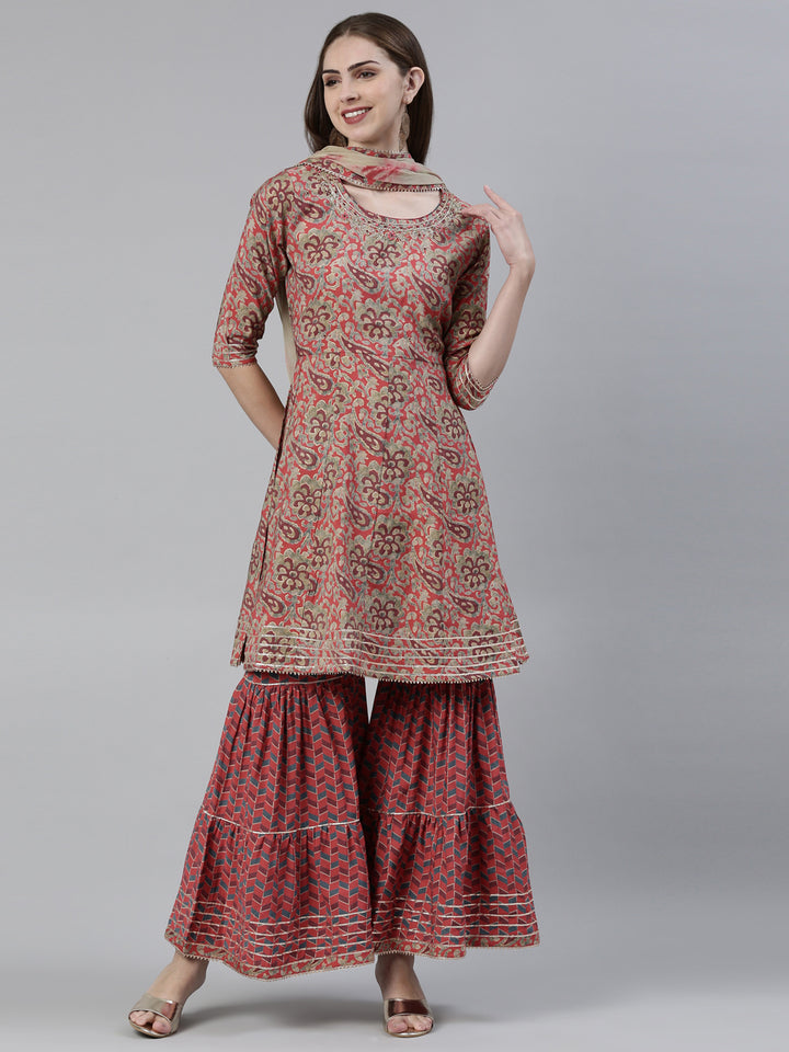 Neerus Pink Regular Calf Length Printed Kurta Printed Sharara With Dupatta