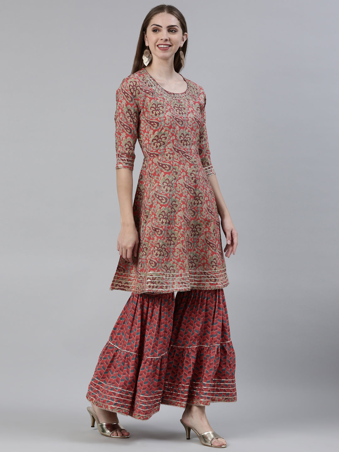 Neerus Pink Regular Calf Length Printed Kurta Printed Sharara With Dupatta