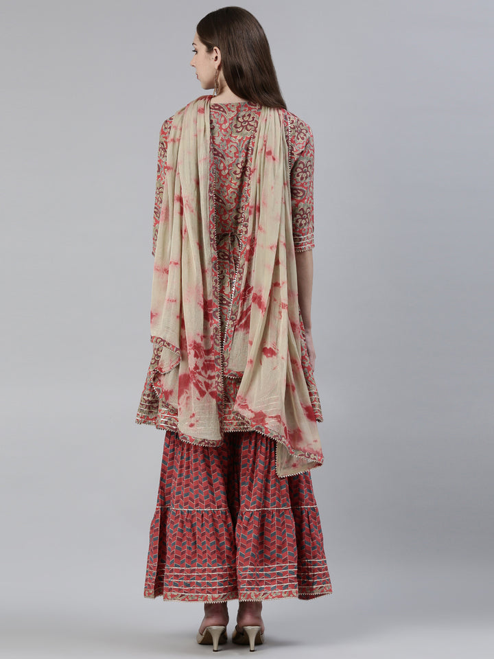 Neerus Pink Regular Calf Length Printed Kurta Printed Sharara With Dupatta