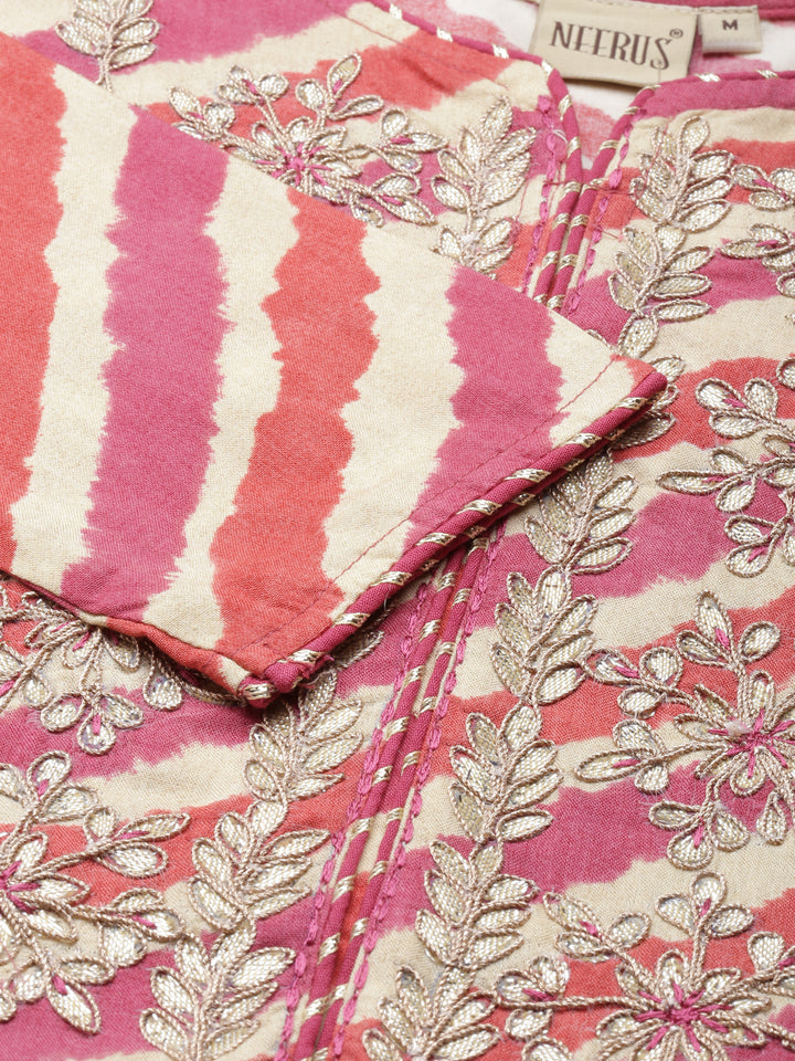 Neerus Brown viscose rayon printed A-line dress - detail view 1