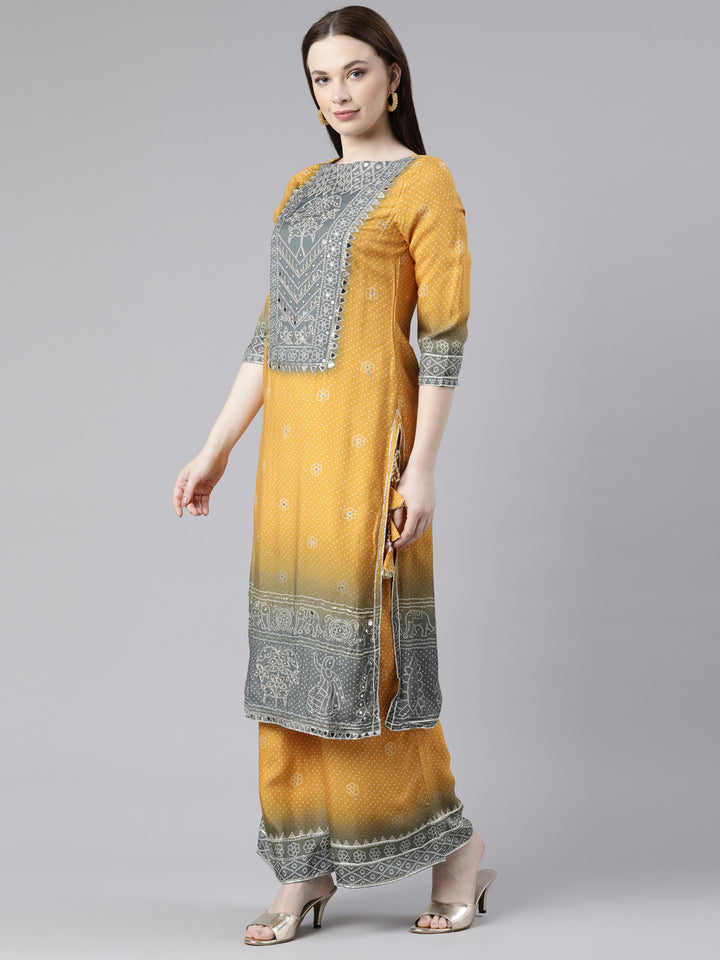 Neerus Mustard Regular Knee Length Printed Kurta Printed Palazzos With Dupatta