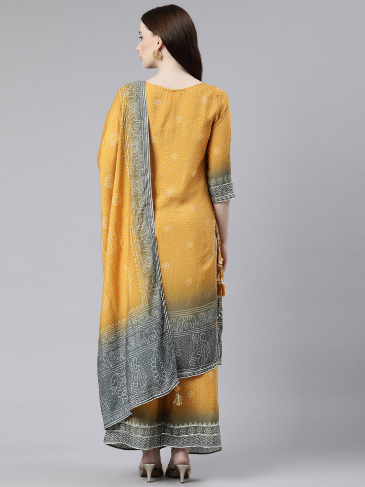 Neerus Mustard Regular Knee Length Printed Kurta Printed Palazzos With Dupatta