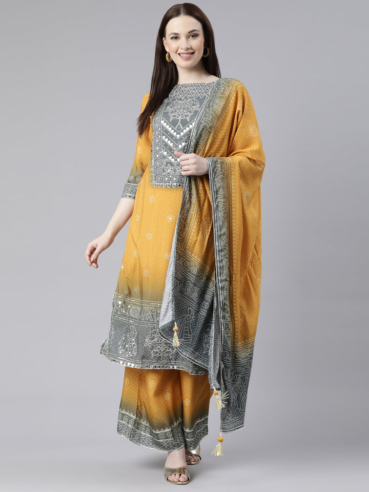 Neerus Mustard Regular Knee Length Printed Kurta Printed Palazzos With Dupatta