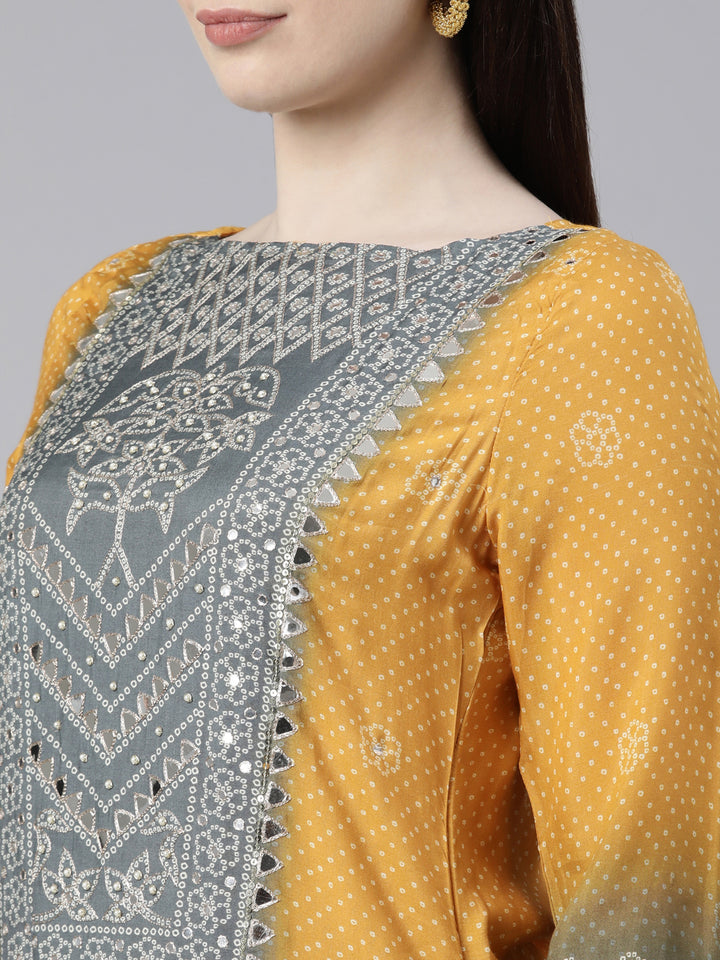 Neerus Mustard Regular Knee Length Printed Kurta Printed Palazzos With Dupatta