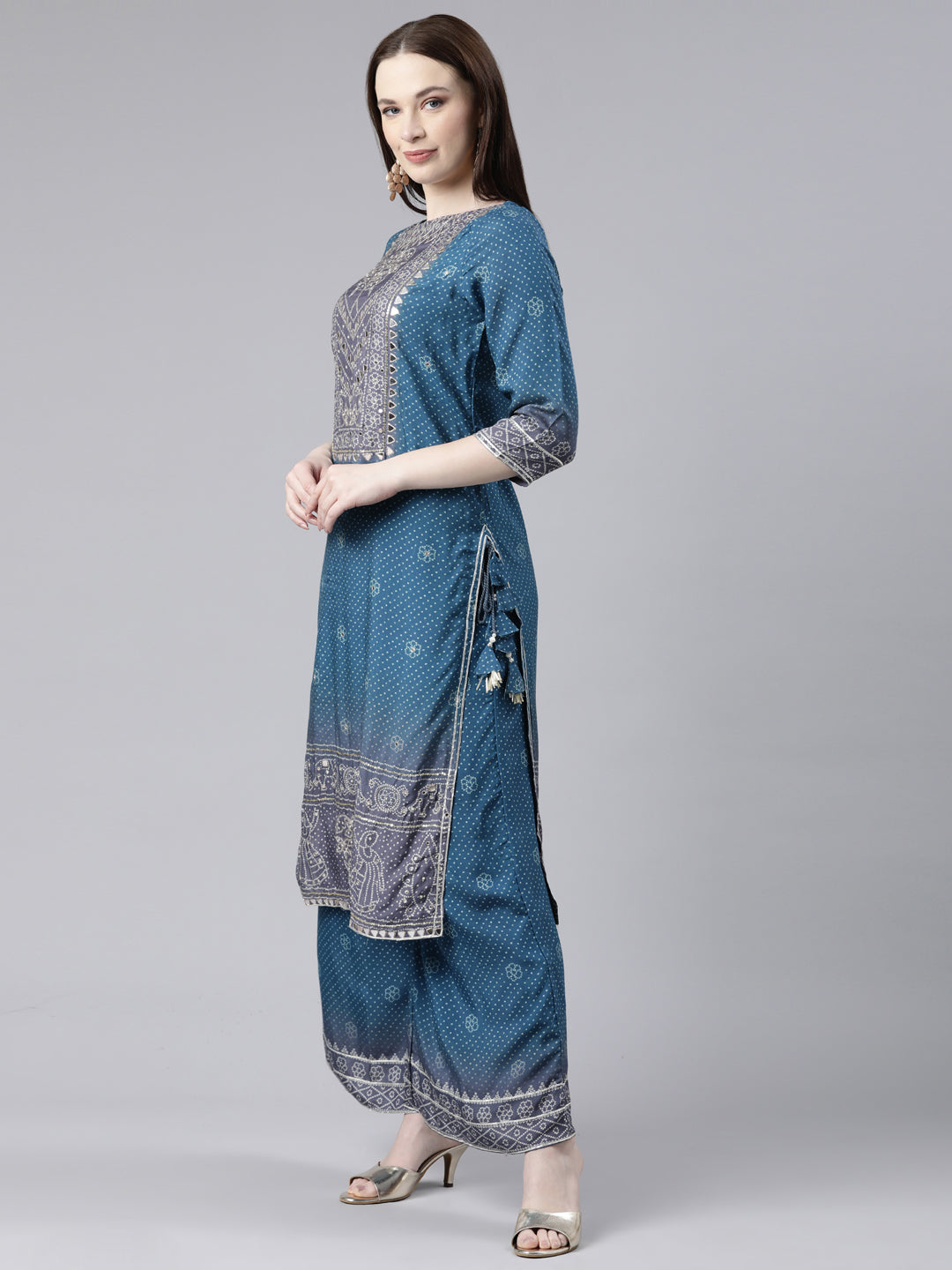 Neerus Green Regular Knee Length Printed Kurta Printed Palazzos With Dupatta
